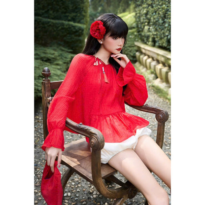 Colin Pleated Chiffon Blouse With Long Sleeves And Ruffle Trim (Pre-order)