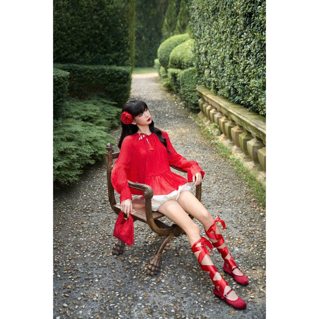 Colin Pleated Chiffon Blouse With Long Sleeves And Ruffle Trim (Pre-order)