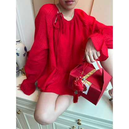 Colin Pleated Chiffon Blouse With Long Sleeves And Ruffle Trim (Pre-order)