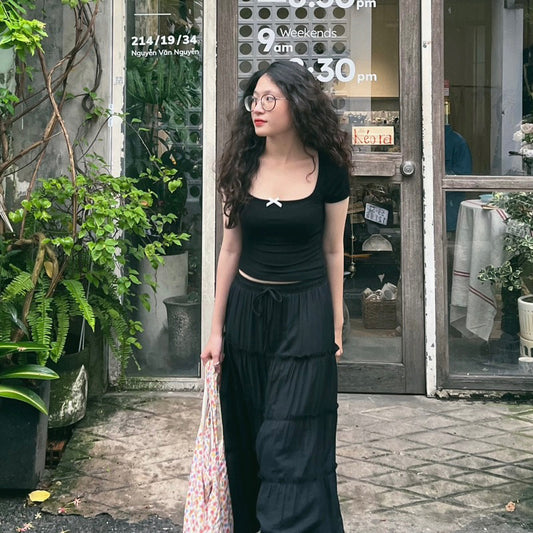 Aufra Studio Bow Square-Neck Ribbed Top