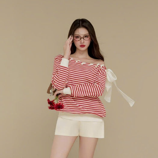 Colin Striped Off-Shoulder Long-Sleeve Tee With Ribbon Detail (Pre-order)