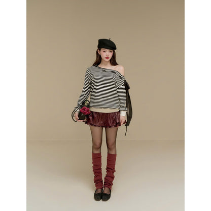 Colin Striped Off-Shoulder Long-Sleeve Tee With Ribbon Detail (Pre-order)