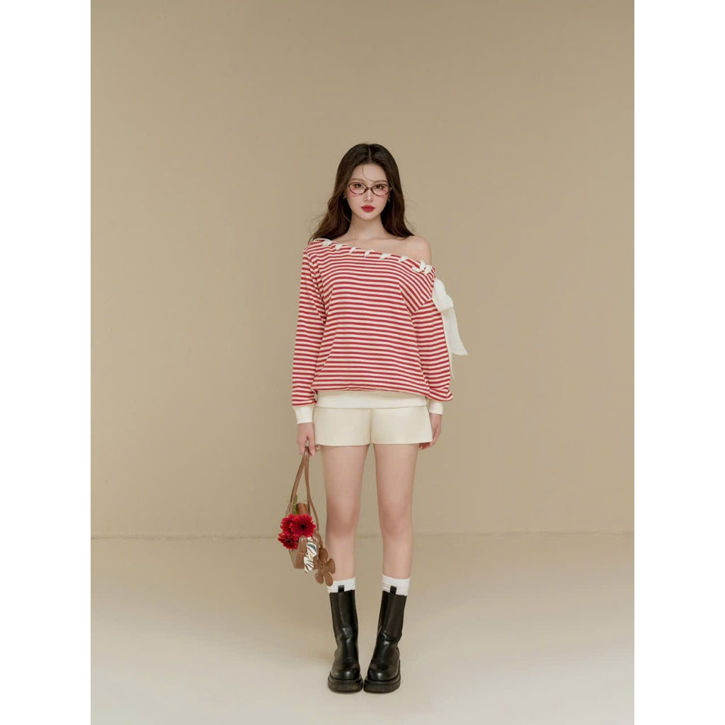 Colin Striped Off-Shoulder Long-Sleeve Tee With Ribbon Detail (Pre-order)