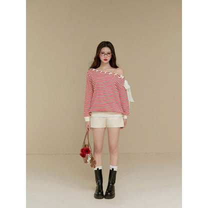 Colin Striped Off-Shoulder Long-Sleeve Tee With Ribbon Detail (Pre-order)