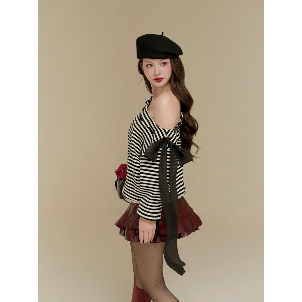 Colin Striped Off-Shoulder Long-Sleeve Tee With Ribbon Detail (Pre-order)