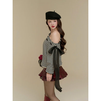 Colin Striped Off-Shoulder Long-Sleeve Tee With Ribbon Detail (Pre-order)