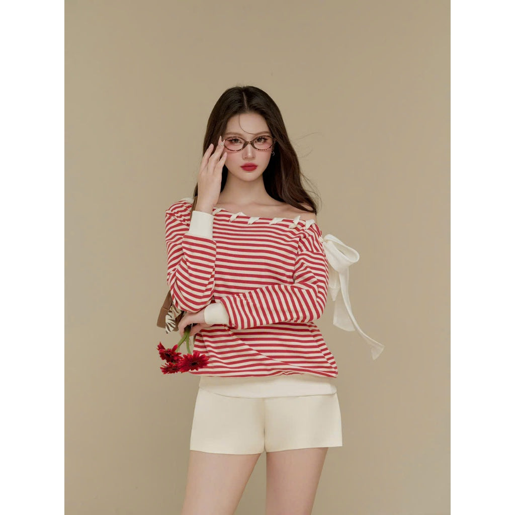 Colin Striped Off-Shoulder Long-Sleeve Tee With Ribbon Detail (Pre-order)