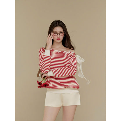 Colin Striped Off-Shoulder Long-Sleeve Tee With Ribbon Detail (Pre-order)