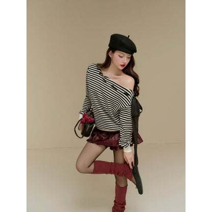 Colin Striped Off-Shoulder Long-Sleeve Tee With Ribbon Detail (Pre-order)