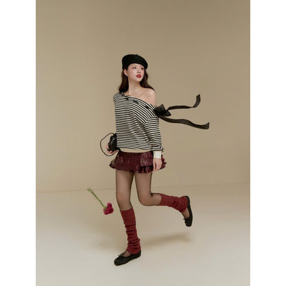 Colin Striped Off-Shoulder Long-Sleeve Tee With Ribbon Detail (Pre-order)