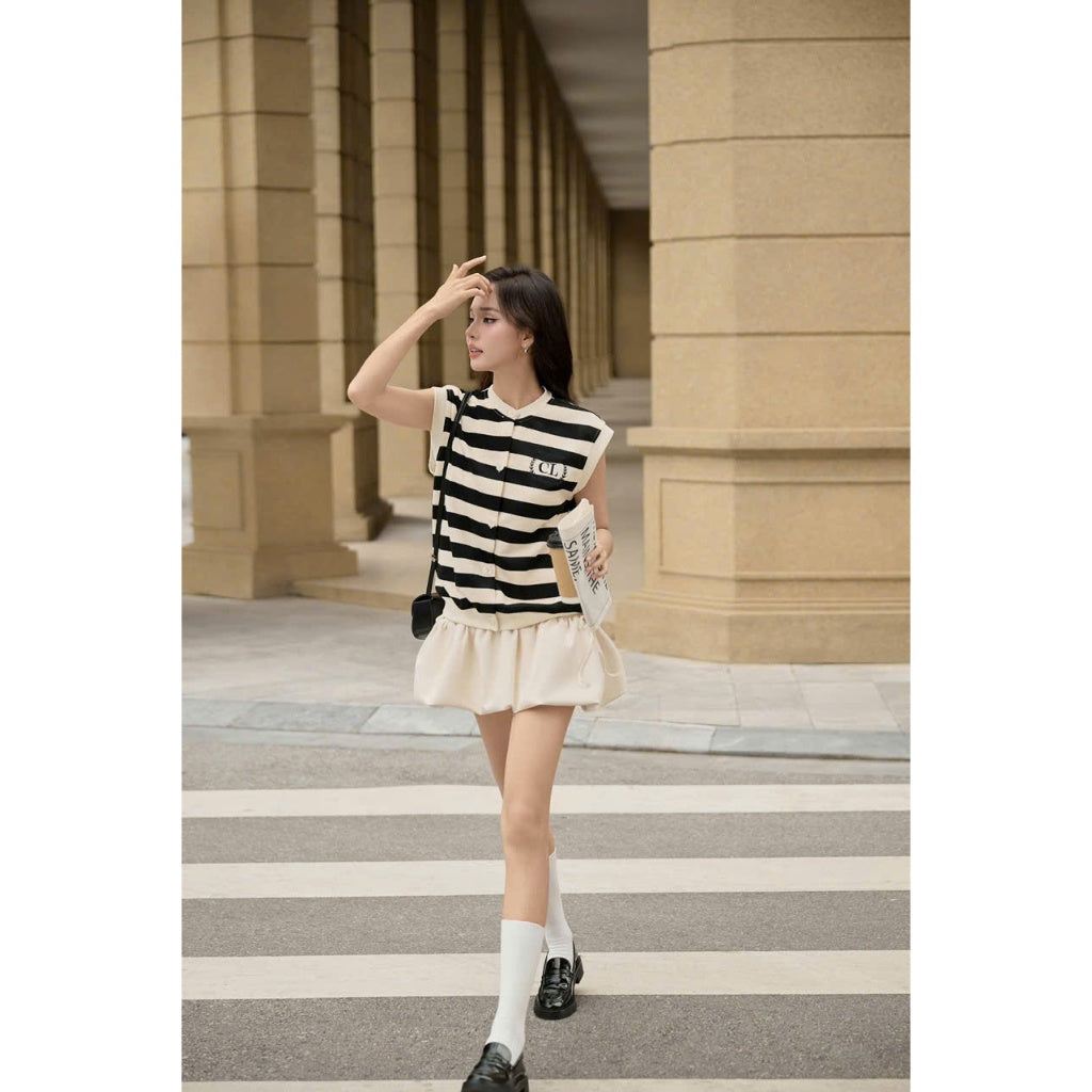 Colin Sleeveless Striped Ribbed Tee With Front Buttons (Pre-order)