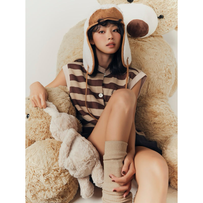 Colin Sleeveless Striped Ribbed Tee With Front Buttons (Pre-order)