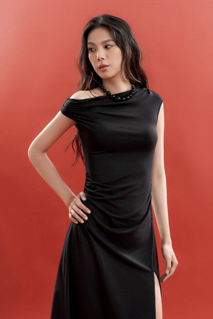 Libe Asymmetrical Neckline Midi Dress (Pre-order)