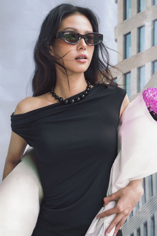 Libe Asymmetrical Neckline Midi Dress (Pre-order)