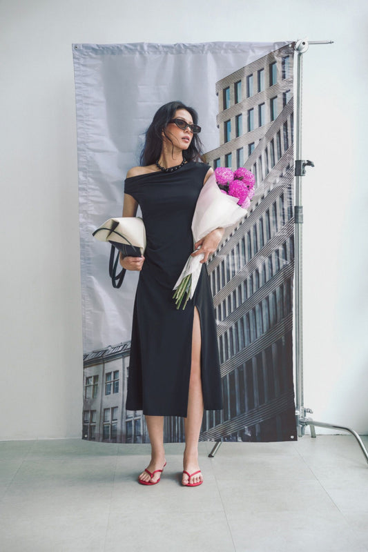 Libe Asymmetrical Neckline Midi Dress (Pre-order)