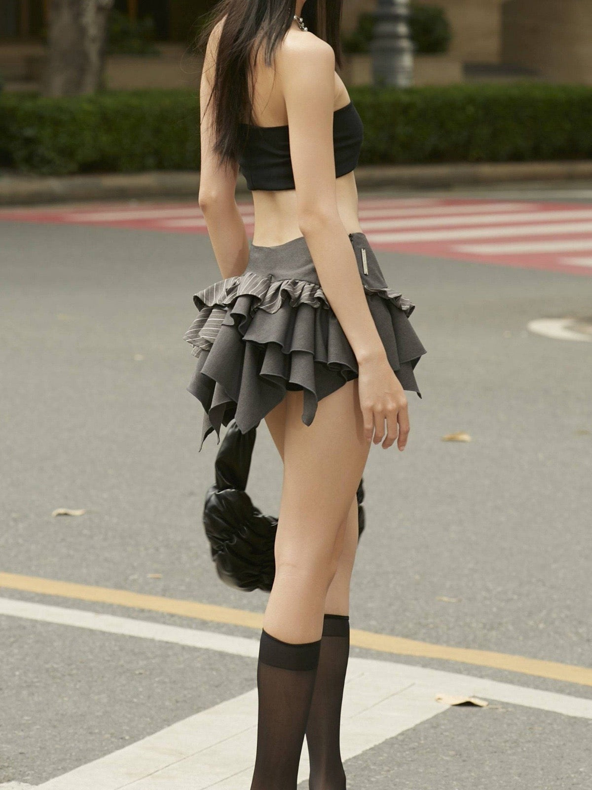 Tsun Ruffle Asymmetrical Mini Skirt Grey - Delivery within 48 hours