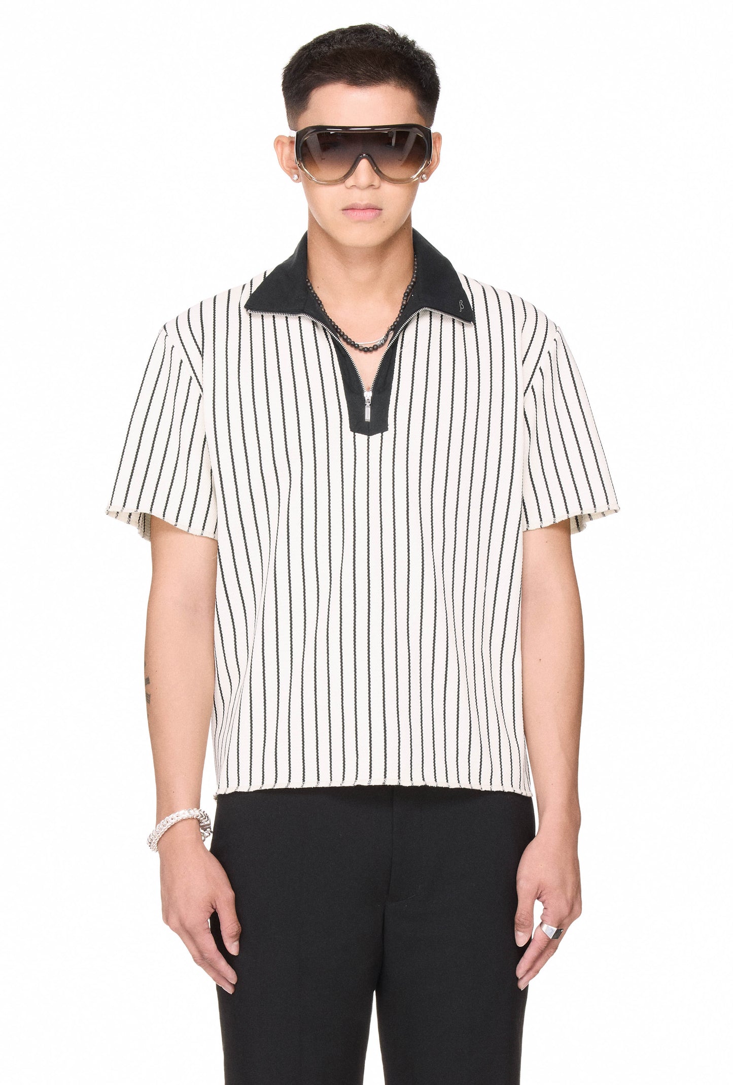 The Beuter Half Zip Striped Polo - White