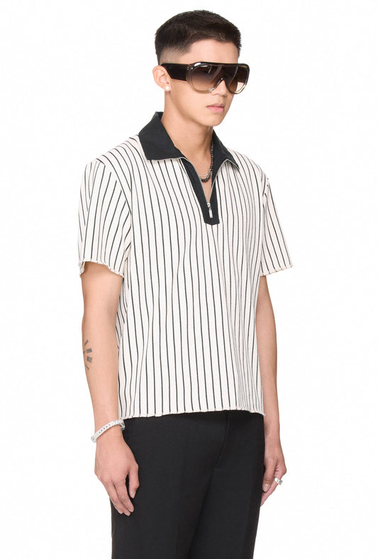 The Beuter Half Zip Striped Polo - White