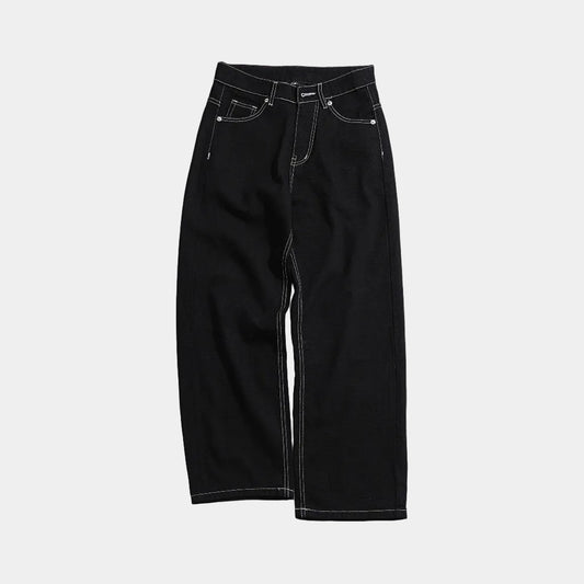 WHOSE Black Wide Straight Jeans With White Stitching