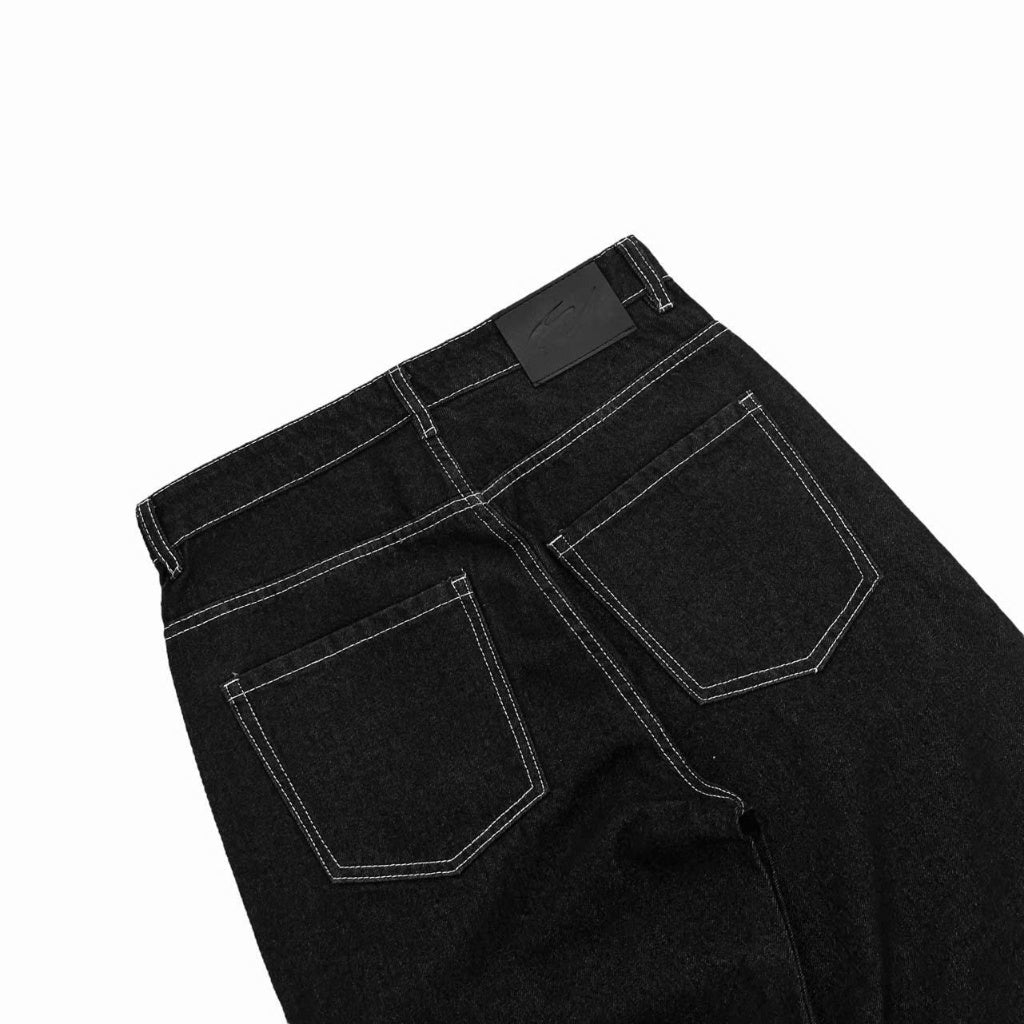 WHOSE Black Wide Straight Jeans With White Stitching