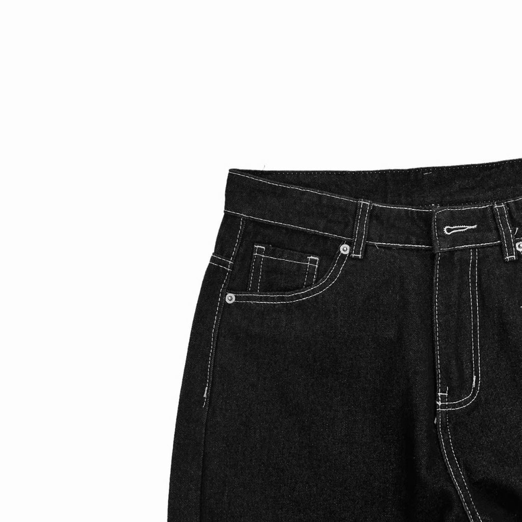 WHOSE Black Wide Straight Jeans With White Stitching