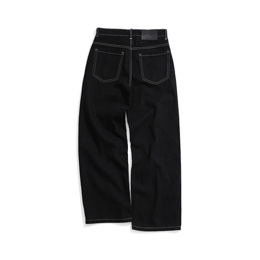 WHOSE Black Wide Straight Jeans With White Stitching