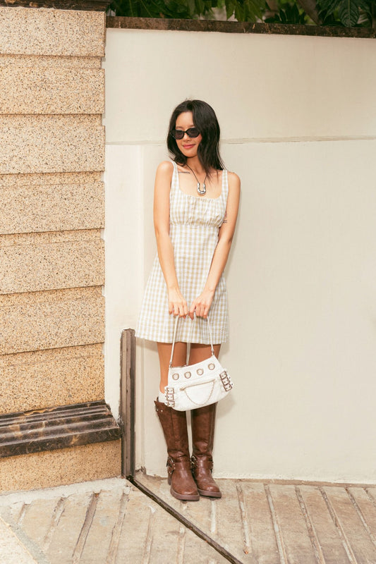 Libe Beige Gingham U-Neck Seersucker Mini Dress (Pre-order)