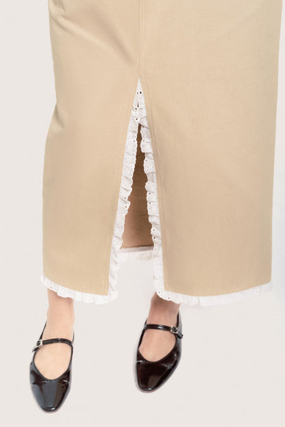 Libe Beige Lace Trimming Khaki Midi Skirt (Pre-order)