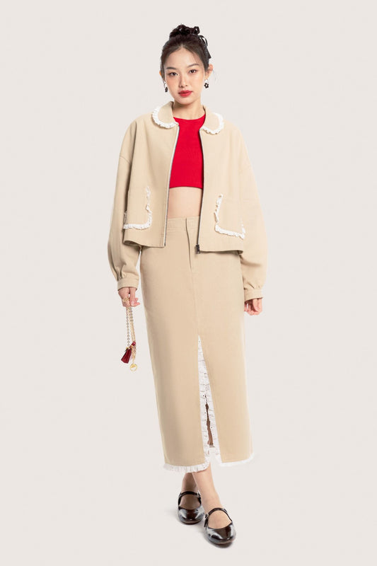 Libe Beige Lace Trimming Khaki Midi Skirt (Pre-order)