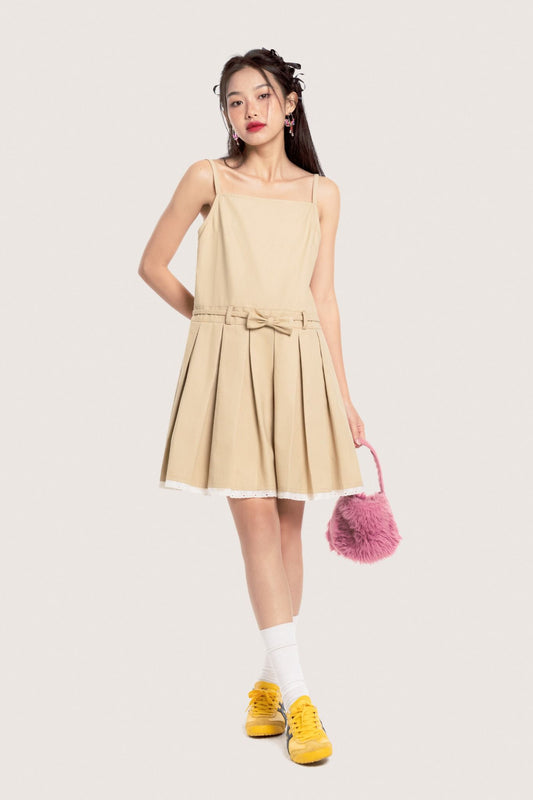 Libe Beige Pleated Lace Trimming Bow Belt Khaki Mini Dress (Pre-order)