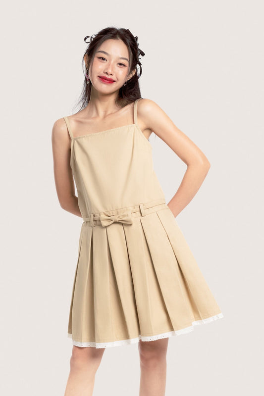 Libe Beige Pleated Lace Trimming Bow Belt Khaki Mini Dress (Pre-order)
