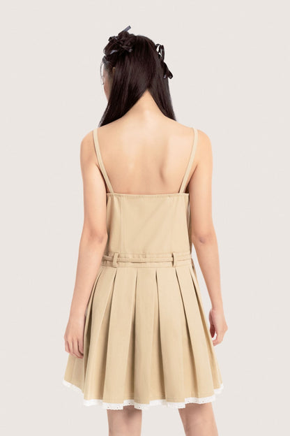 Libe Beige Pleated Lace Trimming Bow Belt Khaki Mini Dress (Pre-order)