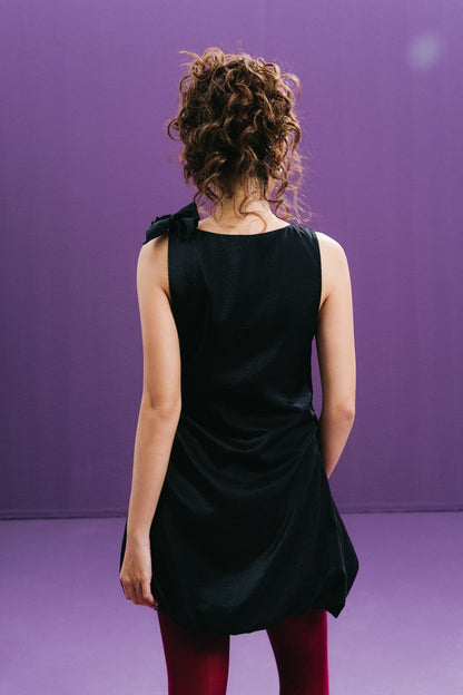 Libe Black Bow Taffeta Bubble Mini Dress (Pre-order)