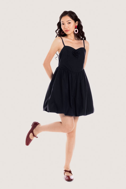 Libe Black Floral Embellished Bubble Mini Dress (Pre-order)