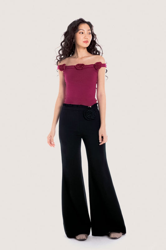 Libe Black Floral Embellished Flared Trousers (Pre-order)