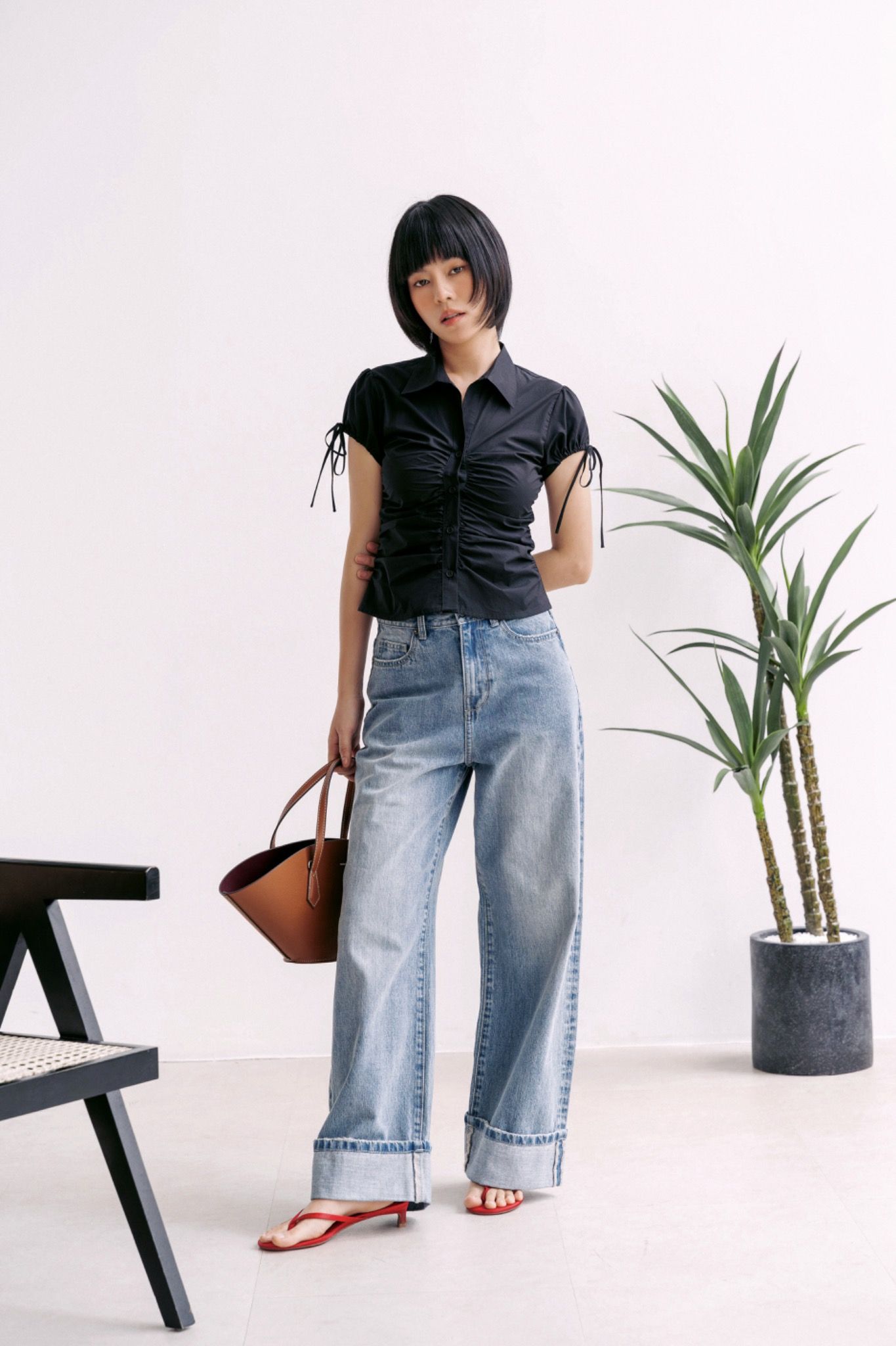 Libe Black Ruched Shirt (Pre-order)
