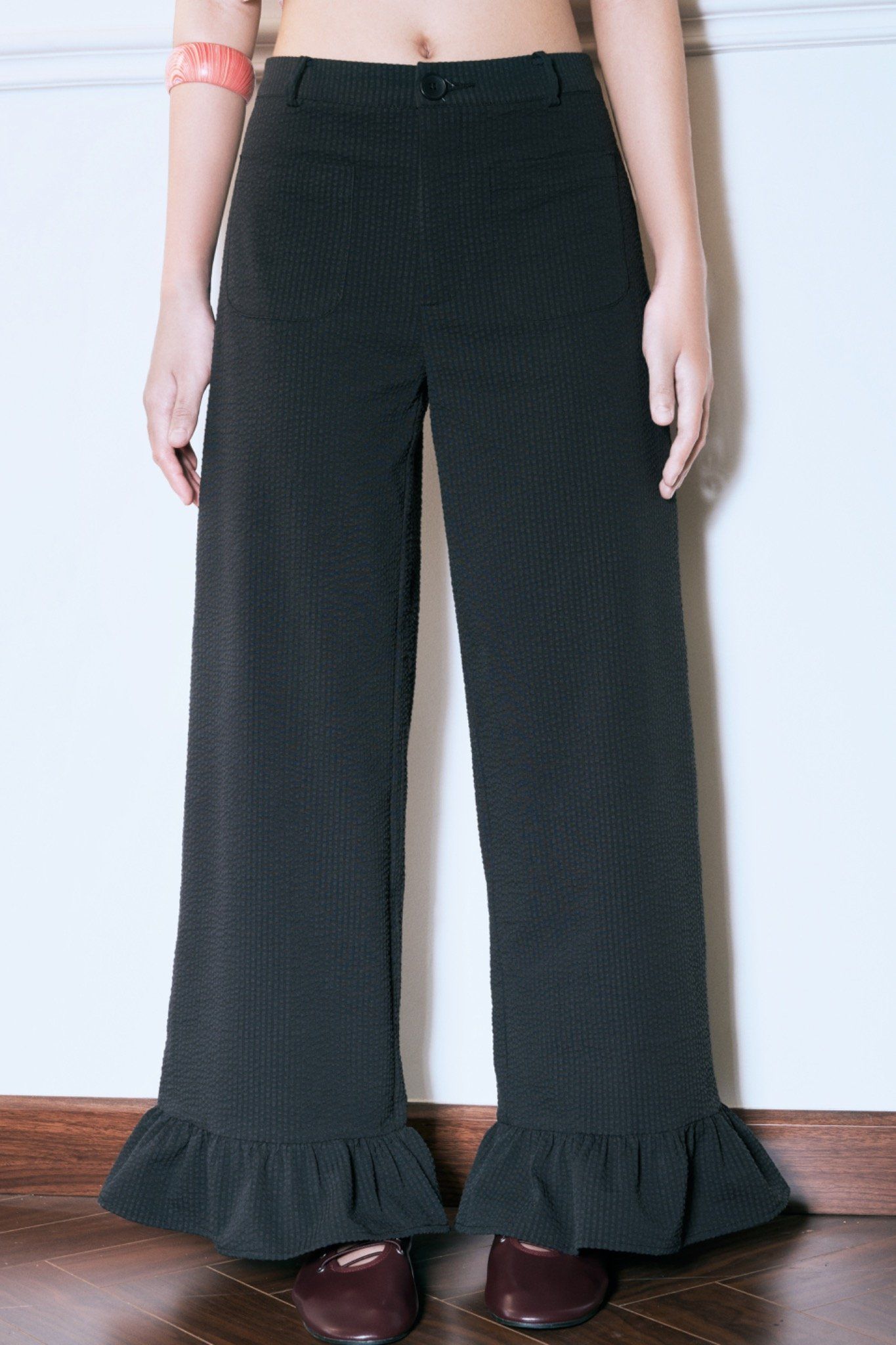 Libe Black Ruffle Hem Trousers (Pre-order)