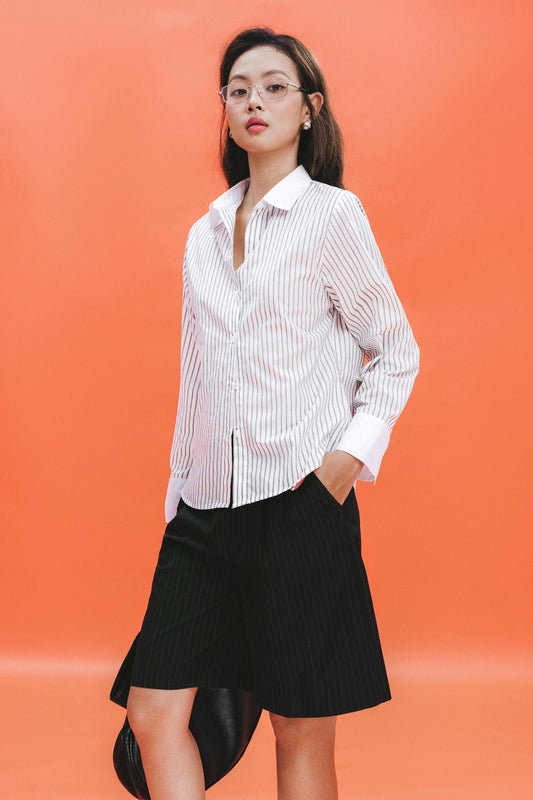 Libe Black Striped Front Pleats Bermuda Shorts (Pre-order)
