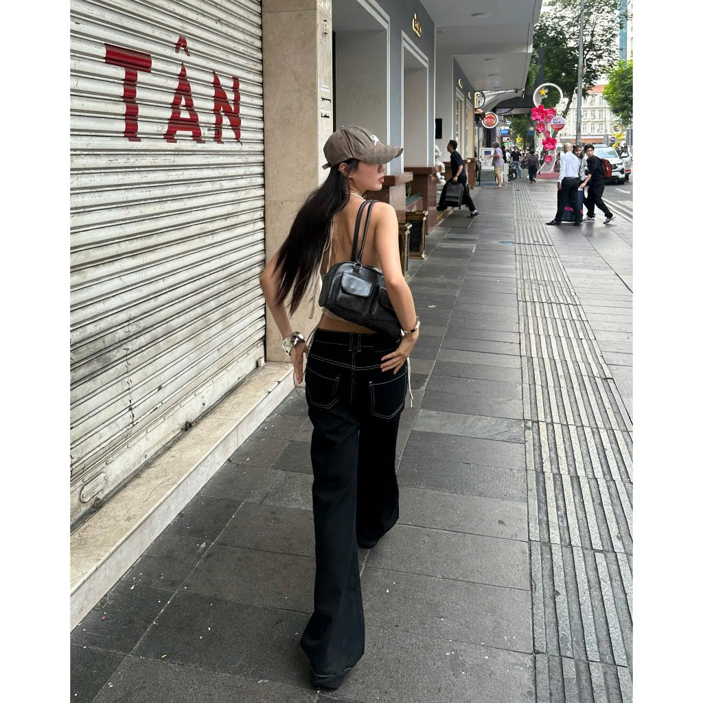 WHOSE Black White Stitch Flared Jeans Wash Ver 1