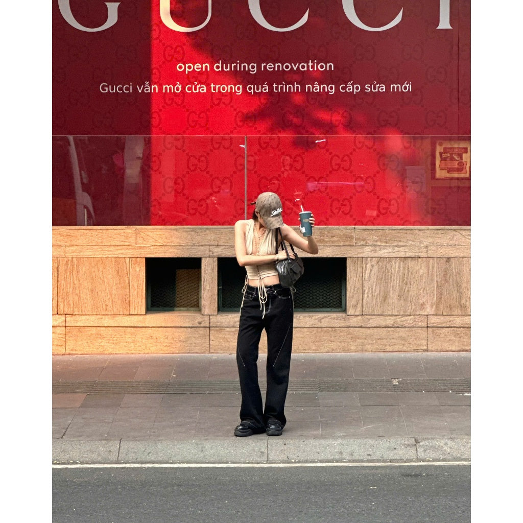 WHOSE Black White Stitch Flared Jeans Wash Ver 1