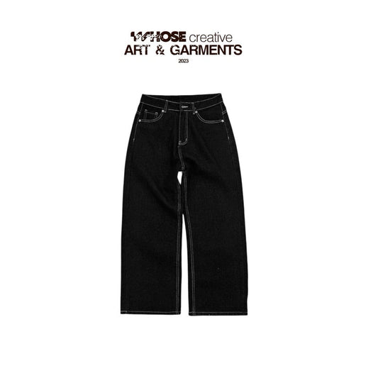 WHOSE Black Wide Straight Jeans With White Stitching (Pre-order)