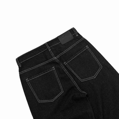 WHOSE Black Wide Straight Jeans With White Stitching (Pre-order)