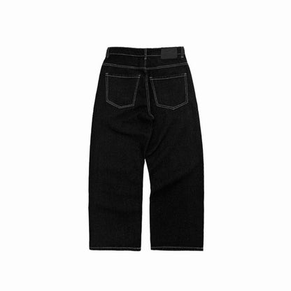 WHOSE Black Wide Straight Jeans With White Stitching (Pre-order)