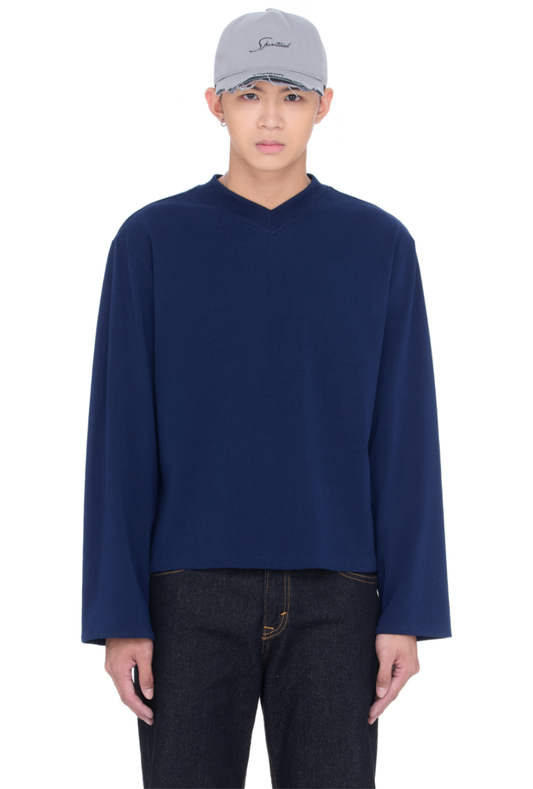 The Beuter Blank Navy Boxy V-Neck Long Sleeve T-Shirt