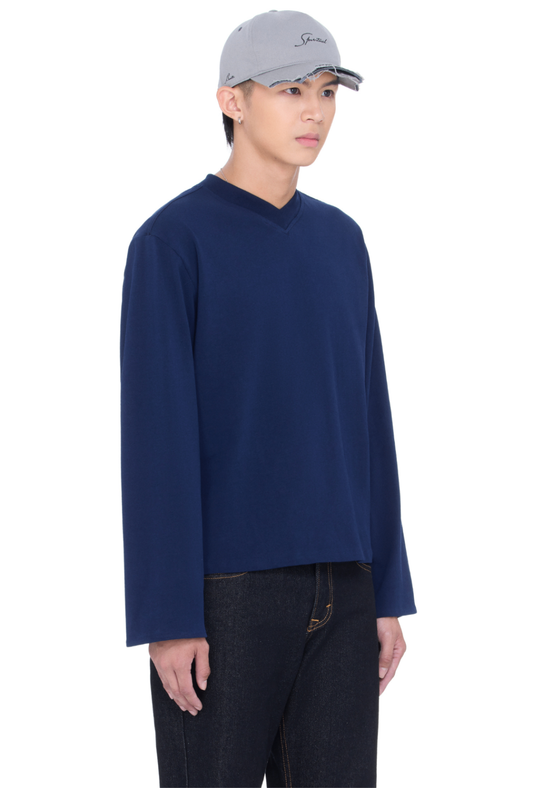 The Beuter Blank Navy Boxy V-Neck Long Sleeve T-Shirt
