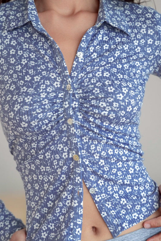 Libe Blue Floral Fitted Long Sleeve Polo Top (Pre-order)