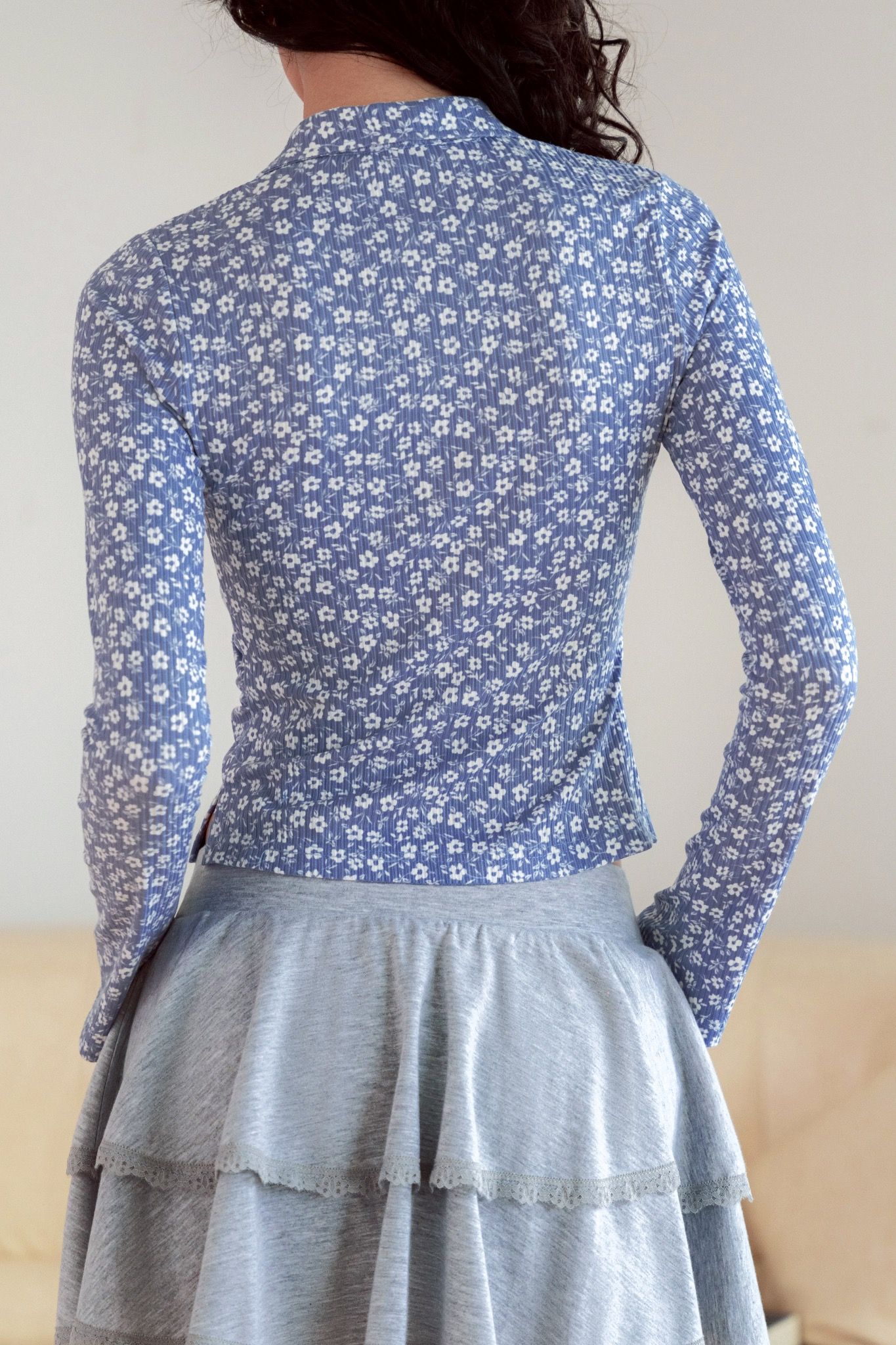 Libe Blue Floral Fitted Long Sleeve Polo Top (Pre-order)
