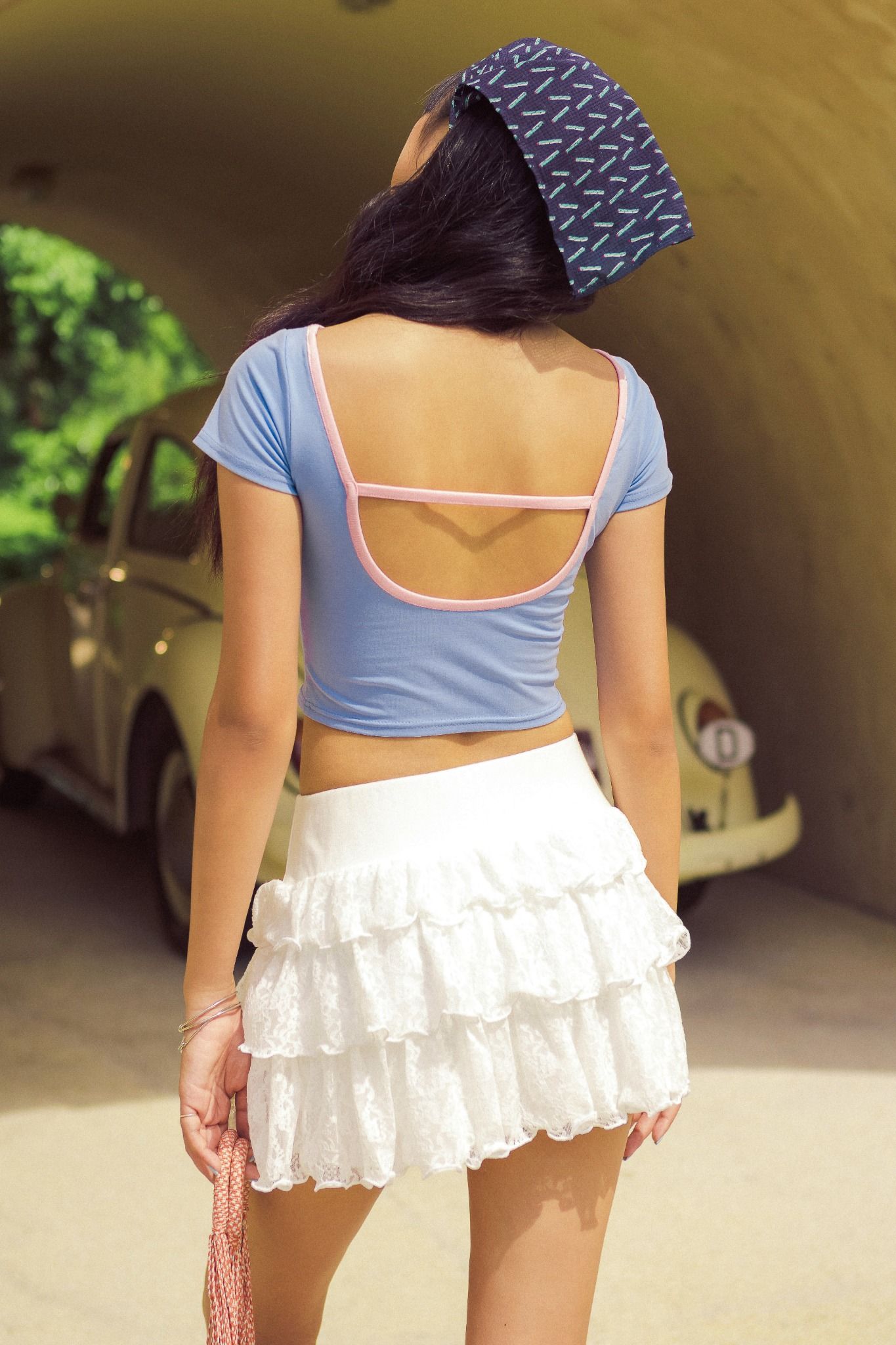 Libe Blue Sea Animals Printed Pink Collar Crop Top (Pre-order)