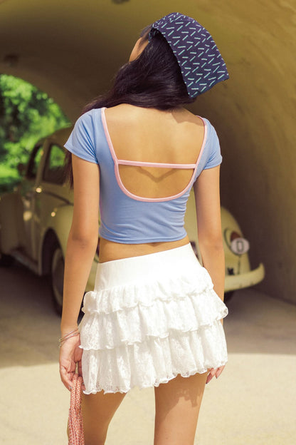 Libe Blue Sea Animals Printed Pink Collar Crop Top (Pre-order)