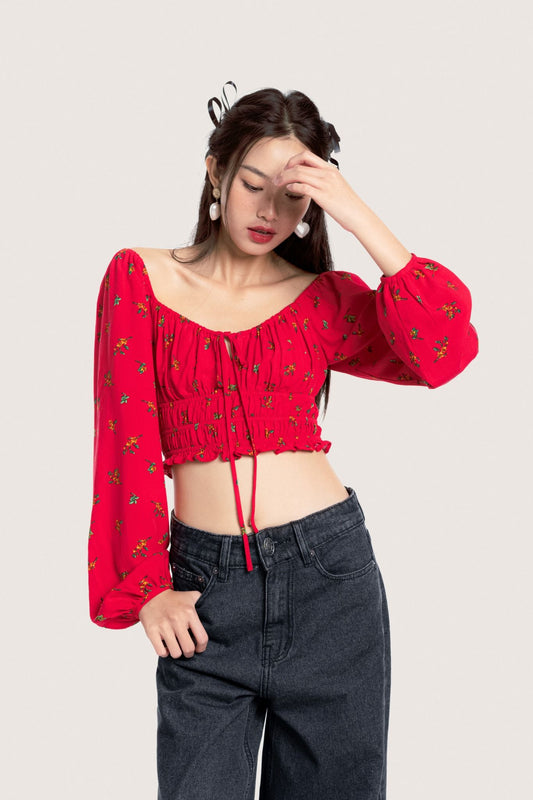 Libe Bohemian Red Floral Long Puff Sleeves Top (Pre-order)